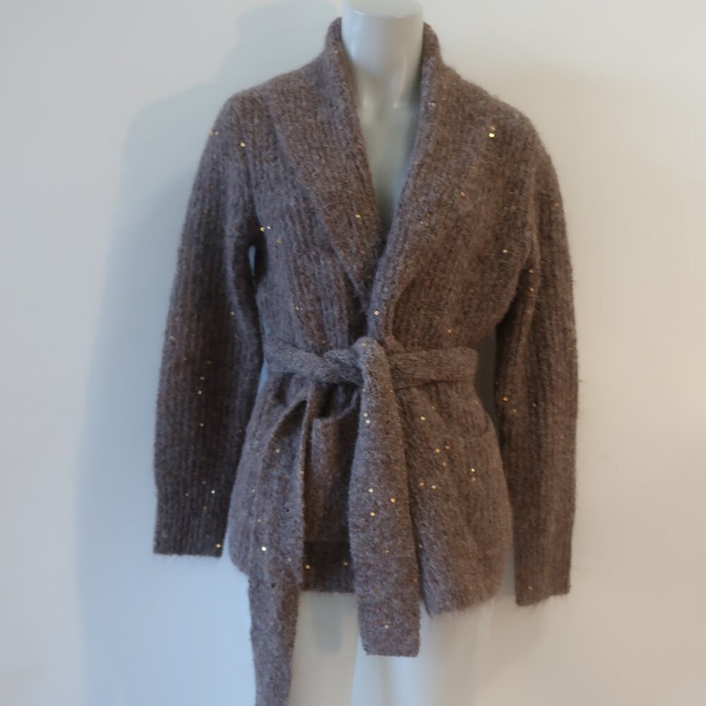 NWT Womens Joceyln Brown Rib Knit Belted Sequin Cardigan Sweater M
